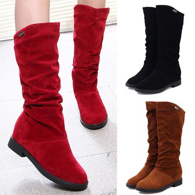 3 цвета, женские туфли из флока из нубука, однотонные туфли до середины икры на плоской подошве, зимние теплые сапоги