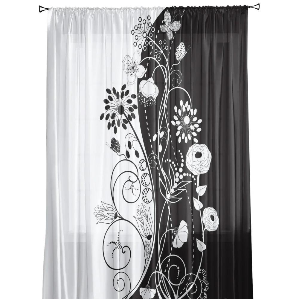 Черно-белый цветочный узор тюль оконные шторы гостиная органза прозрачная вуаль занавеска спальня кухня домашний декор драпировка