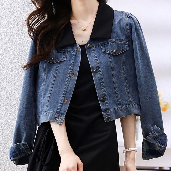 Cropped Denim Jacket Women Korean Fashion Back Split Buttons Up Bomber Jacket Female Lapel Long Sleeve Jeans Coats