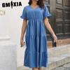 Women's Fashion Summer Spring Solid Color Print Short Sleeve V-Neck High Waist Casual Dresses