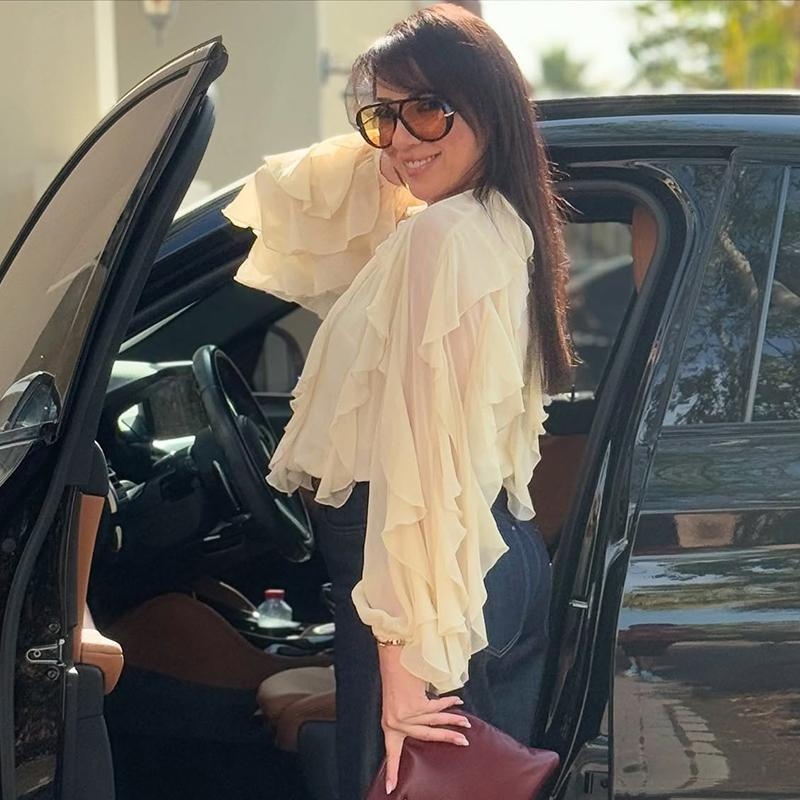 Chic Chiffon Ruffled Shirt Women Elegant Loose V-neck Long Sleeve Shirts Female 2025 Spring Vacation Street Lady Blouse Tops