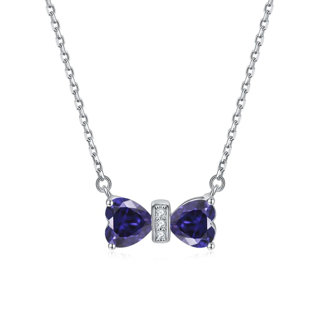 S925 Sterling Silver Necklace Cross-border Fashion Bow Pendant Female Heart-shaped Colored Treasure Necklace Simple Twelfth Birthday Stone