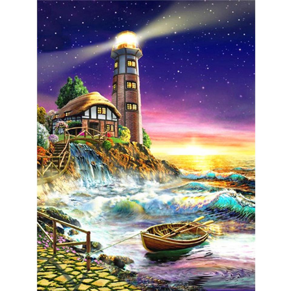 5D DIY Diamond Painting Landscape Rhinestone Cross Stitch Kit Diamond Embroidery Coastal Lighthouse Mosaic Picture Decoration