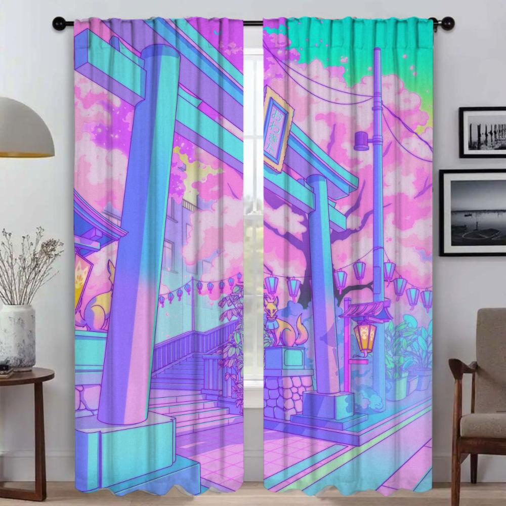City Pop Curtains for Bedroom Halloween Decoration Kitchen Curtains 2 Pieces Window Curtain Partition Living Room Curtain Shades