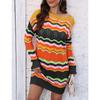 Women's Autumn and Winter Rainbow Pattern Woven Patchwork Stripe Pullover Sweater Dress