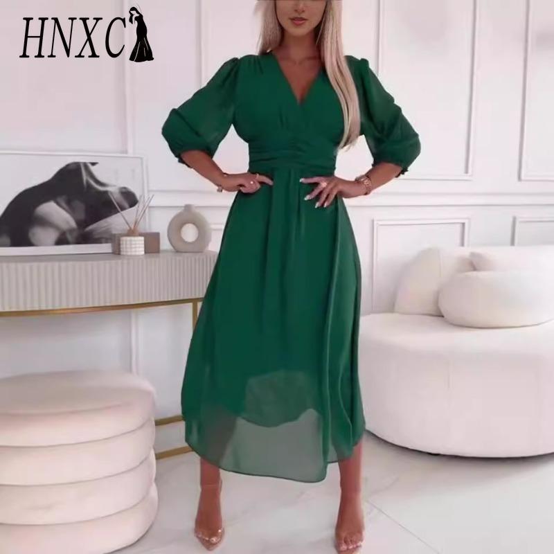 HNXC Женские модные летние весенние однотонные с принтом платья с рукавом 3/4 с V-образным вырезом повседневные