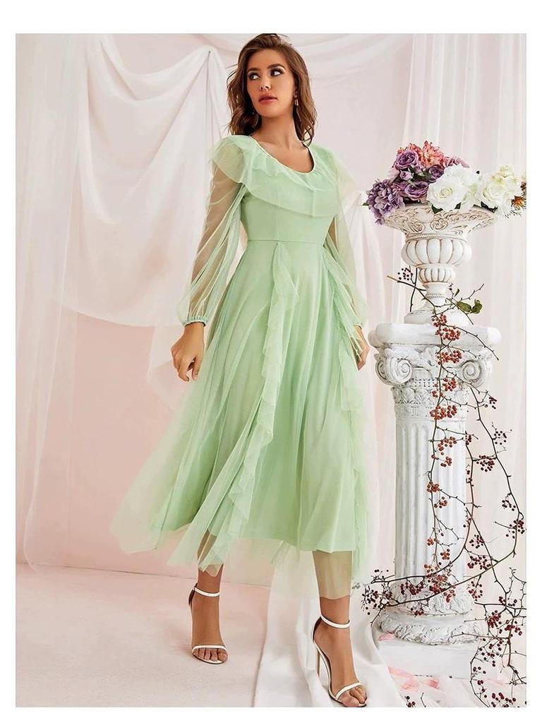 Женское модное платье А-силуэта из сетчатой пряжи, с круглым вырезом, средней талией, весна-лето 2025 г. - Коллекция Европа, Америка, Ближний Восток