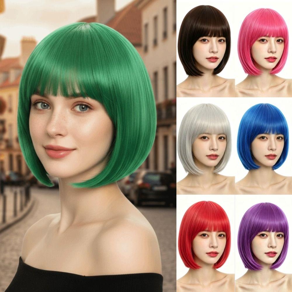 Colorful Vibrant Bob Wig Cosplay Short Straight Bob Hair Halloween Colored Bangs Wig Photos