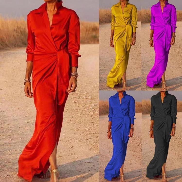 Осенние женские платья с завязками на высокой талии, разрезом, длинным рукавом и лацканами, сексуальные платья