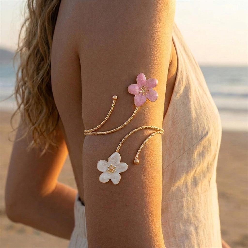 Edgy Statement Metal Flower Arm Cuff Bangle for Women Chunky Floral Upper Arm Bracelet Stainless Steel Open Cuff Jewelry