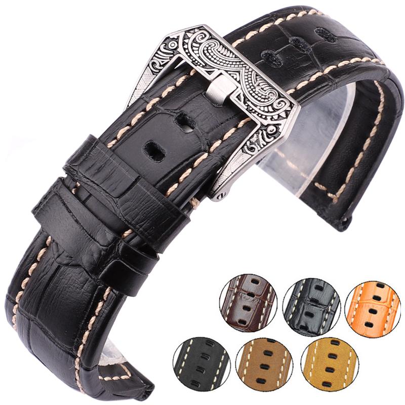 Watchband Italy Genuine Leather Watch Band Strap 22mm 24mm Thick Handmade Soft Cowhide Watchbands Belt With Retro Steel Buckle