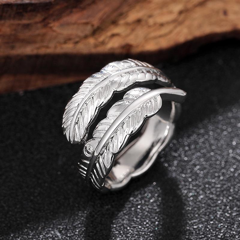 Кольцо в форме пера из стерлингового серебра для женщин, винтажная вечеринка в стиле панк, регулируемое украшение на палец, ретро-аксессуары