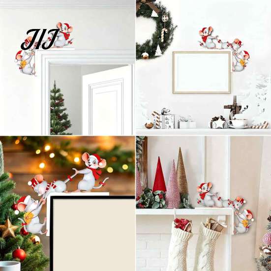Festive Cartoon Animal Wall Art Christmas Three Mice Wooden Door Frame Decor, Santa Mouse Cute Holiday Craft Corner Ornament, Xmas Party Home Hanging