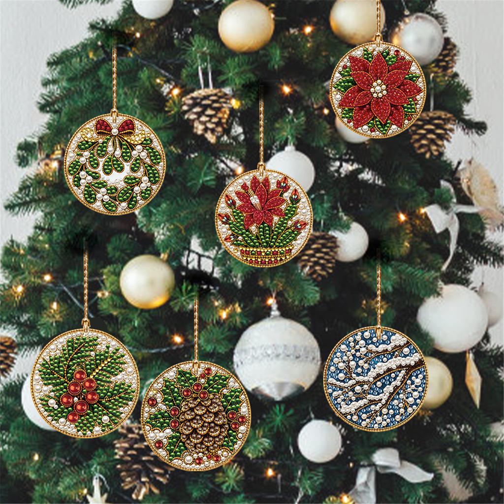 DIY Diamond Painting Christmas Tree Ornaments 6Pcs Wooden Hanging Pendants with Hemp Rope Rhinestone Art Craft Kit Single Side