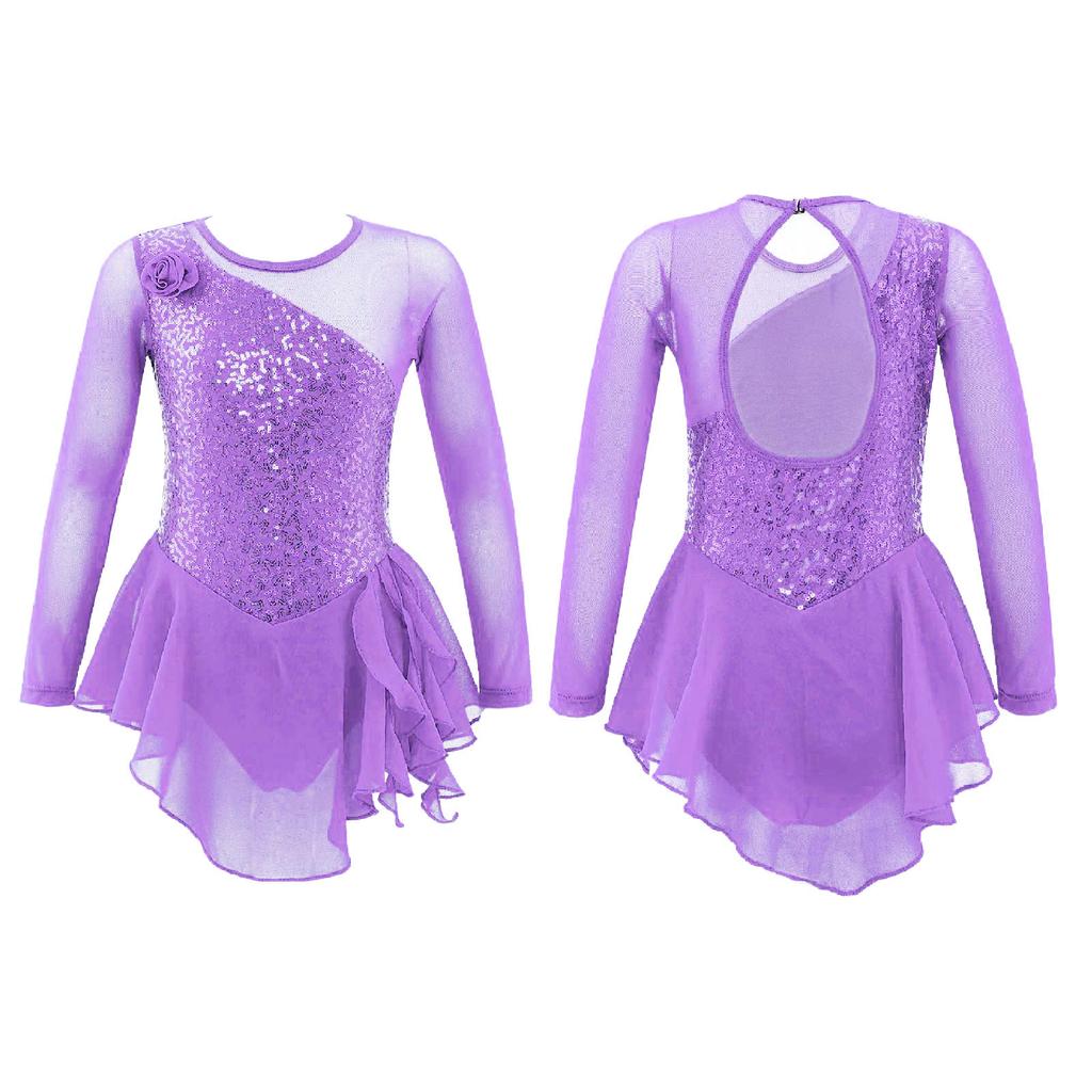 Girls Long Sleeve Mesh Patchwork Style Irregular Sequins Decor Dress Skating Dance Gymnastic Dress