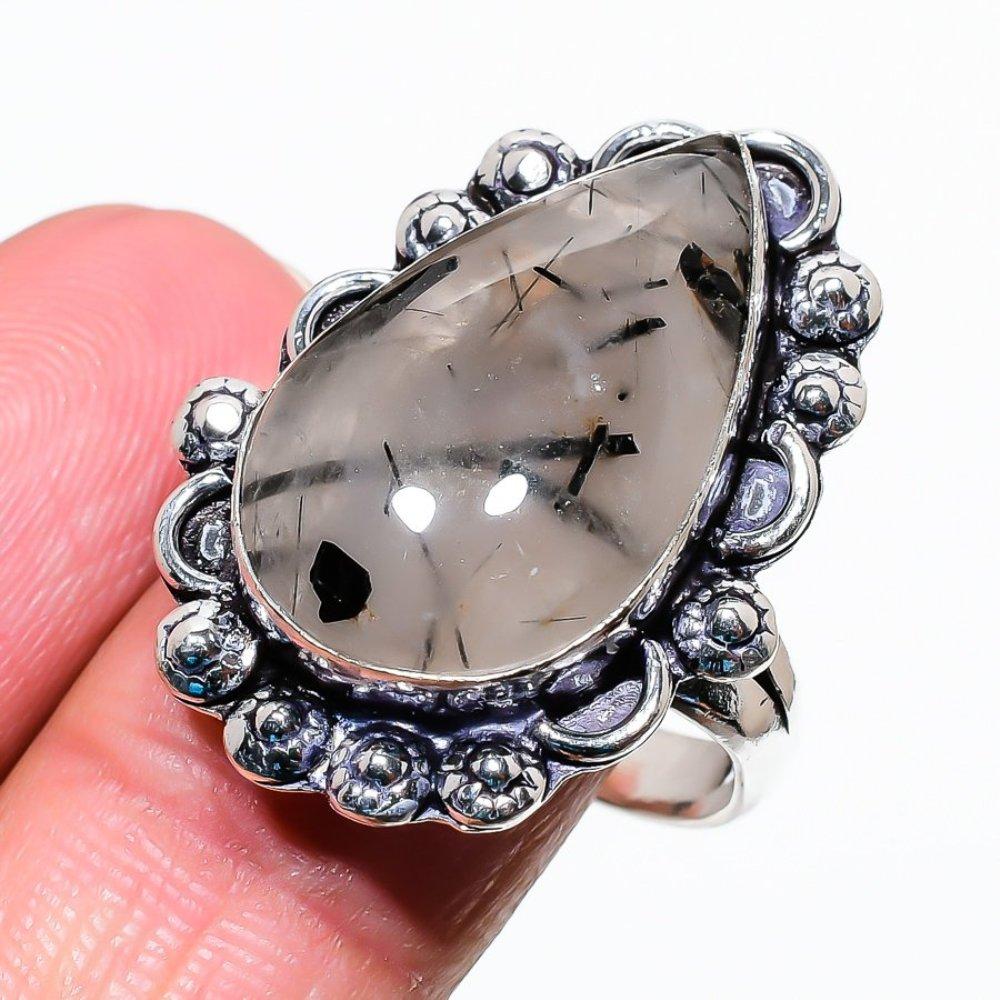 Кольцо из серебра 925 пробы с натуральным черным рутилом, размер 6 i0n54