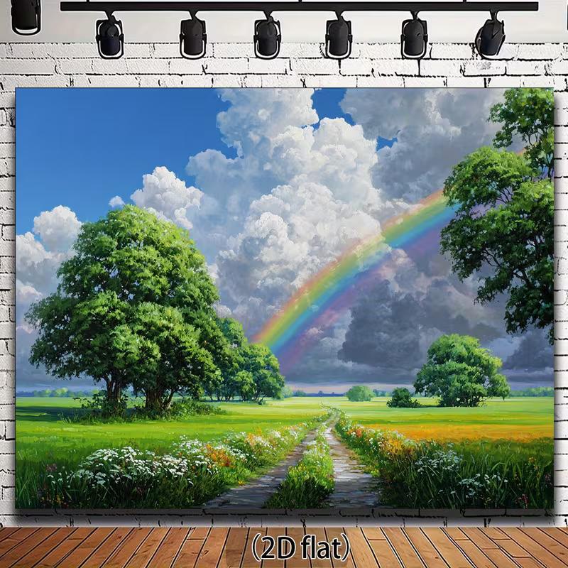 2D Sunny Meadow with Rainbow Backdrop Photography Background Banner