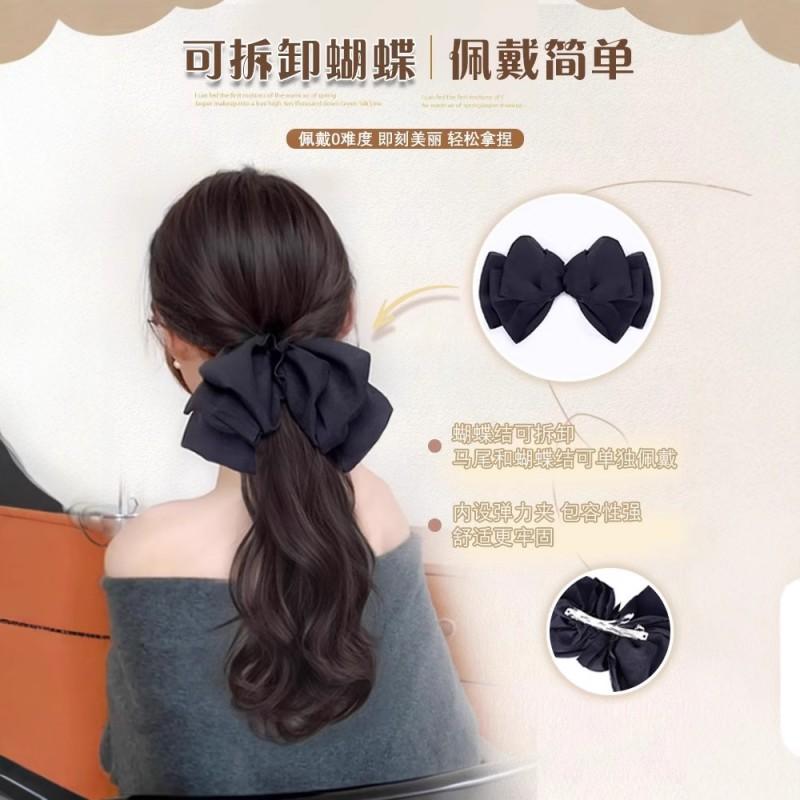 Womens Claw Clip Ponytail Wig Long Curly Hair Bow Highlighted Natural Look