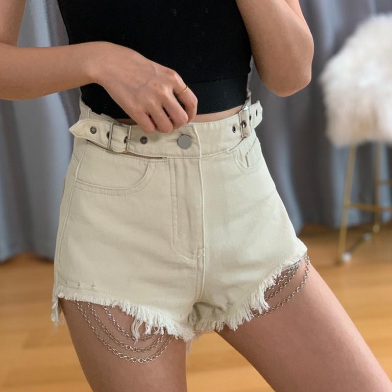 Summer Harajuku Chain Denim Shorts Fashion High Waist Hollow Out Shorts Women Jeans Casual A-line Pants Sexy Streetwear Shorts