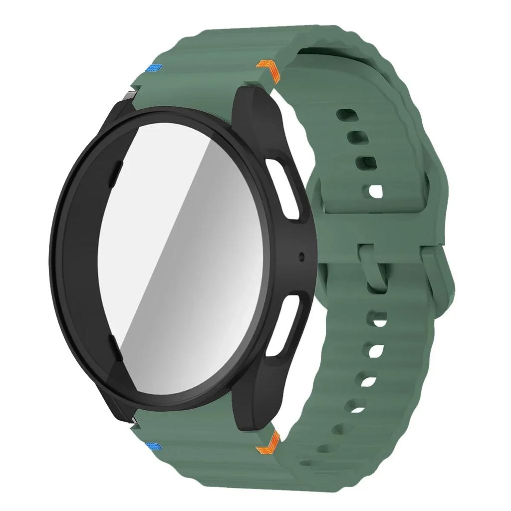 Чехол+Ремешок для Samsung Galaxy Watch 7 6 5 4 40мм 44мм Силиконовый Браслет Защитная Пленка для Экрана из Закаленного Стекла Бампер