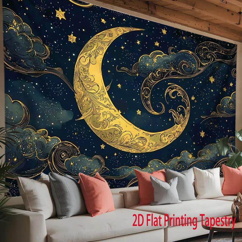 Ornate Golden Moon Tapestry 2D Digital Print Polyester Wall Hanging Living Room Bedroom Office Studio Decor with Hooks