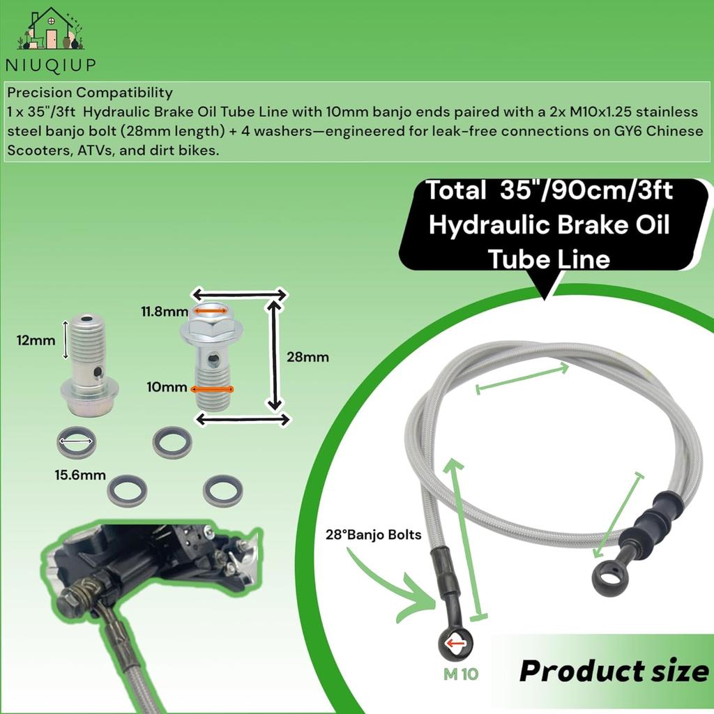 Комплект тормозных шлангов для скутера, квадроцикла, питбайка GY6 10 мм banjo + болт banjo из нержавеющей стали M10x1.25 (28мм) и Шайбы - Совместимо с 50cc-150cc
