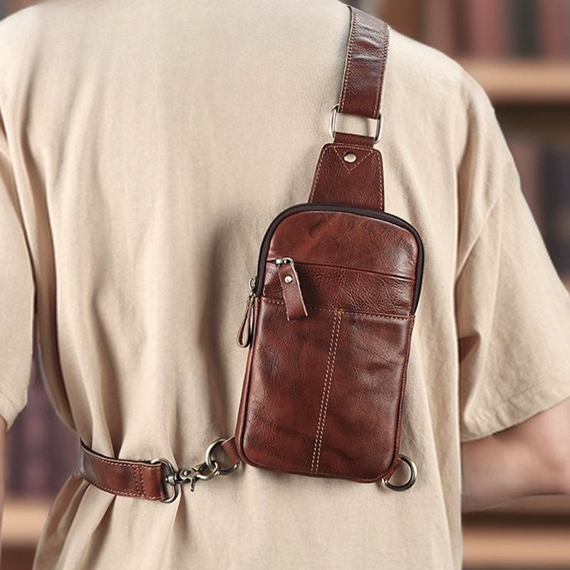 Men's Cowhide Chest Bag Fashion Chest Bag Men's Casual Crossbody Bag Simple Shoulder Bag Genuine Leather Chest Bag