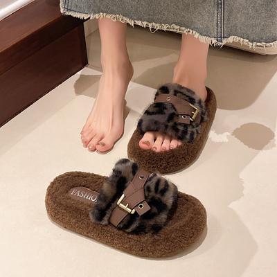 Пушистые тапочки на толстой подошве, которые женщины носят осенью и зимой, новые домашние пушистые с леопардовым принтом, модные хлопковые тапочки высокого класса