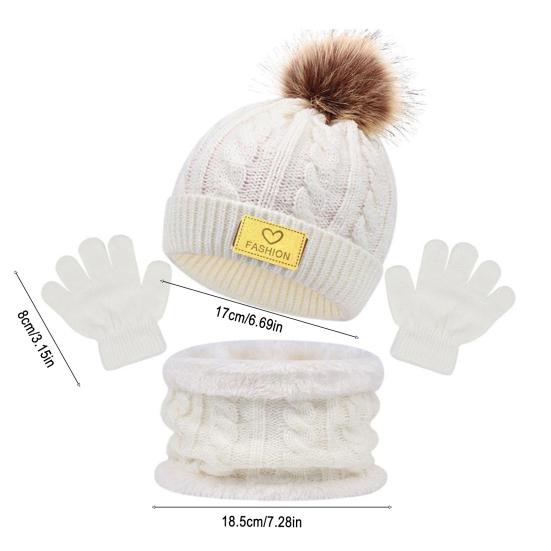 Yousheng 3 шт./компл. Детская зимняя шапка, шарф, перчатки, комплект, декор из плюшевого помпона, вязаная шапка без полей с текстурой косички, вязаные перчатки, флисовая подкладка, комплект гетр для шеи
