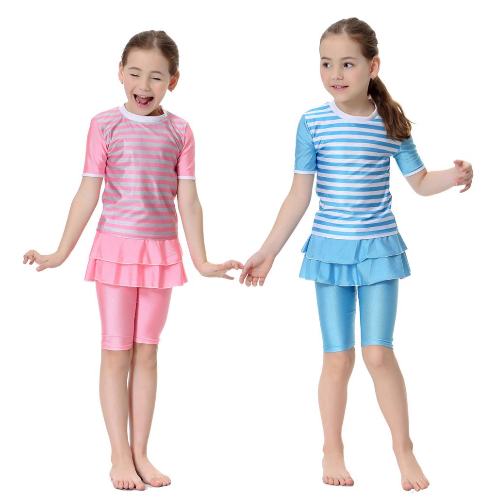 Girls Muslim Swimwears Split Two-piece Swimming Suit Short Sleeve Striped Kids Swimsuit