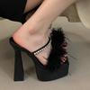 Fashion Sexy Slippers Women Rhinestone Fluffy Feather Sandals Platform Chunky High Heels Party Nightclub Ladies Mules Shoes