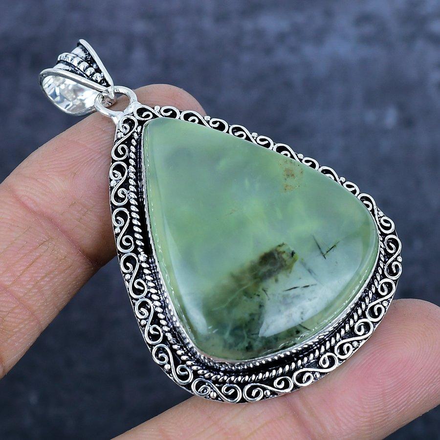Natural Moss Prehnite Gemstone 925 Sterling Silver Jewelry Pendant 2.56" O2a10