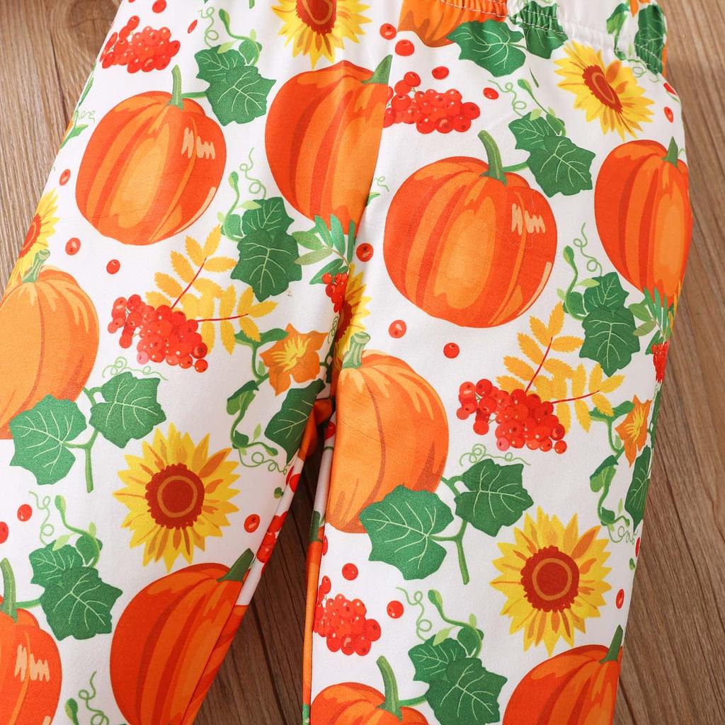 Kids Girls Halloween Outfit Spring Autumn Long Sleeve Pumpkin Printed Skirt Pants Two Piece Set Fashion Casual Children Clothing