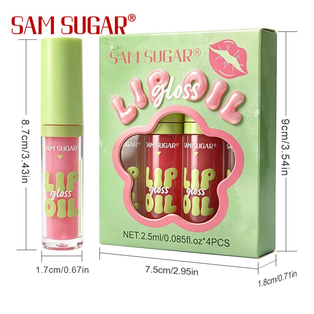SAM SUGAR 4pcs Tinted Lip Gloss Oil Set Hydrating Moisturizing Lip Oil Clear Glossy Plumping Lip Care Non-Sticky Lip Makeup Cosmetics