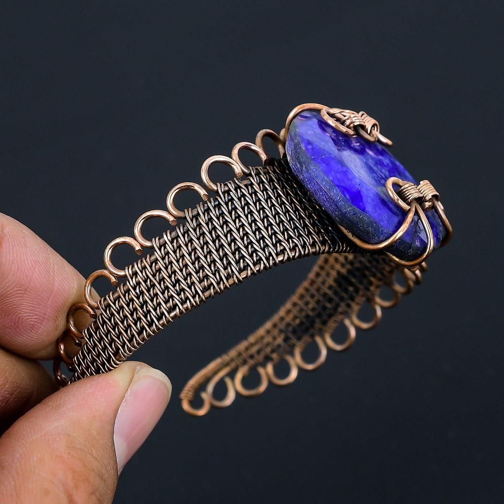 Lab-Created Blue Sapphire Gemstone Pure Copper Wire Wrapped Handmade Cuff/ Bangle Jewelry