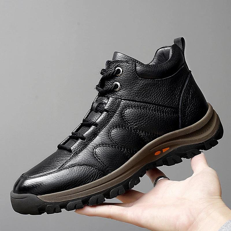 Fashion Italian Genuine Leather Men Casual Shoes Luxury Brand Fashion High Top Sneakers Shoes Winter Warm Men Outdoor Non-Slip Boots