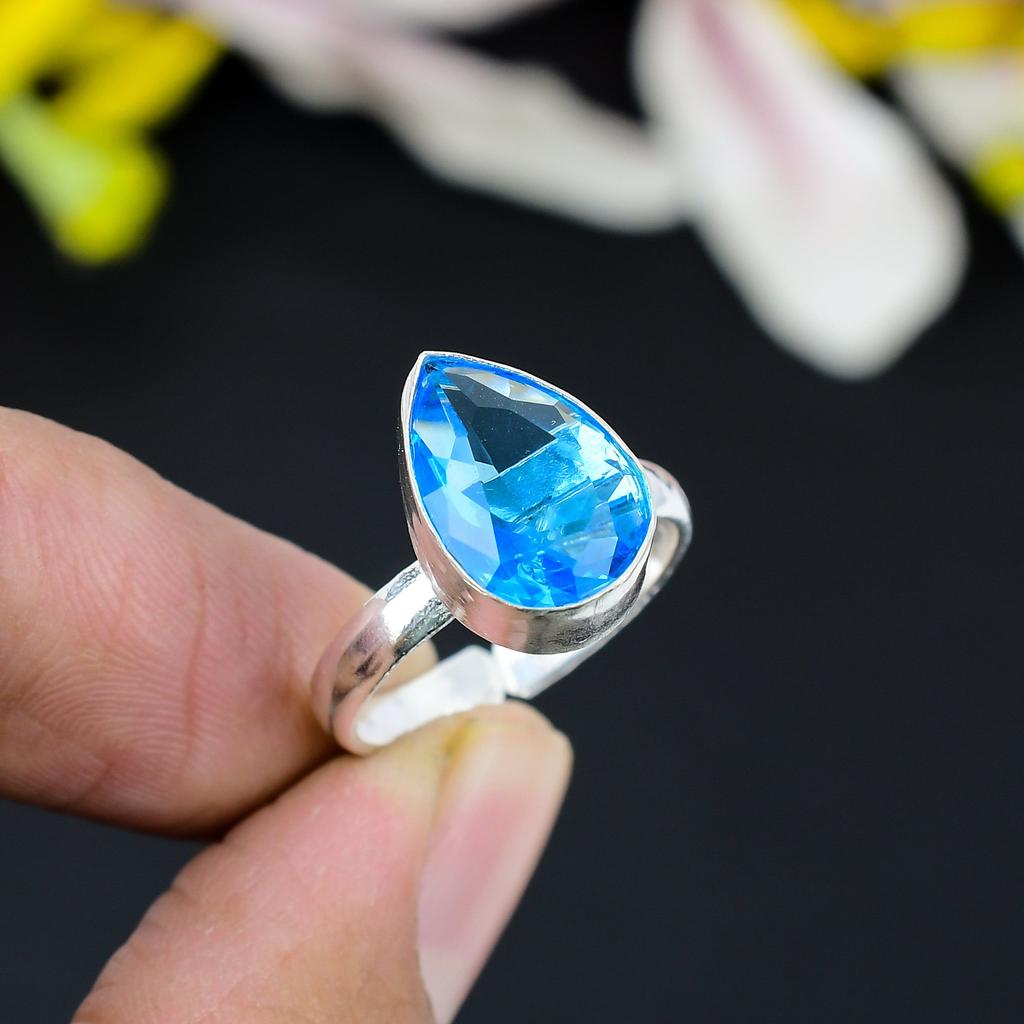 Blue Topaz Gemstone Handmade 925 Sterling Silver Jewelry Ring Size 9.5 KG-348