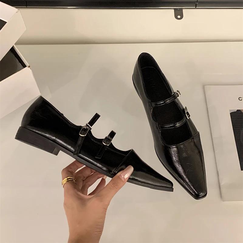 Туфли Мэри Джейн с острым носком, модные туфли с мелкой пряжкой, женские повседневные туфли на низком каблуке из кожи