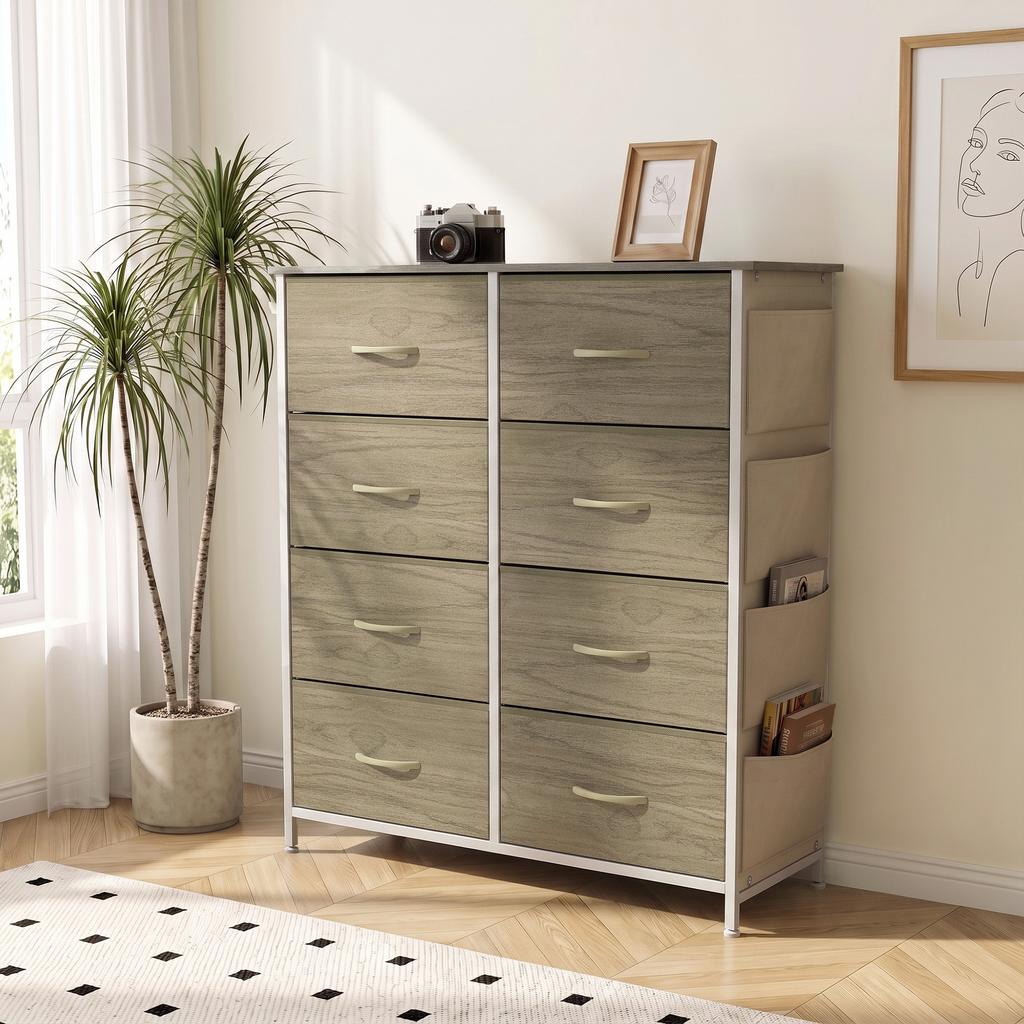 Chest of Drawers, Dresser for Bedroom with 8 Fabric Drawers, Tall Storage Unit w/ Side Storage Bag, Natural Wood Finish