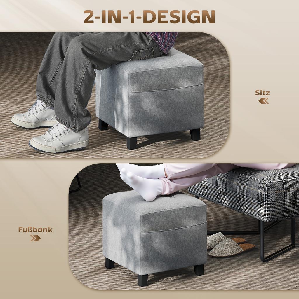 Square Stool, Small Ottoman with Side Pocket, Footrest in Linen-Look Fabric with Rubber Wood Legs, Light Grey