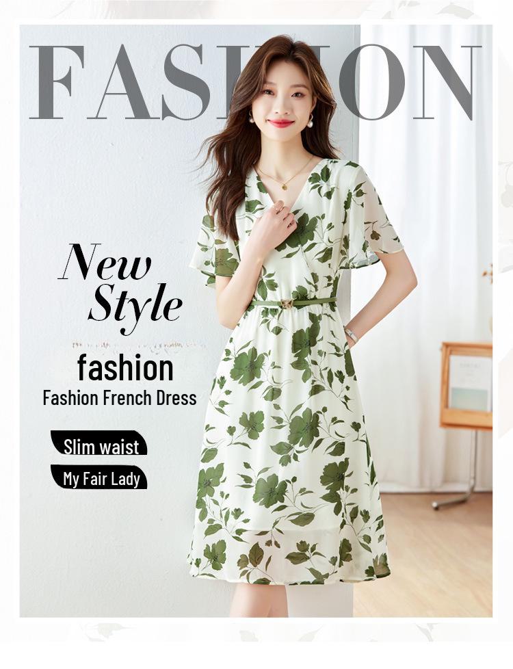 2024 Summer Women's High-End Chiffon Floral V-Neck Long Dress - Elegant, Slimming & Full Coverage Design