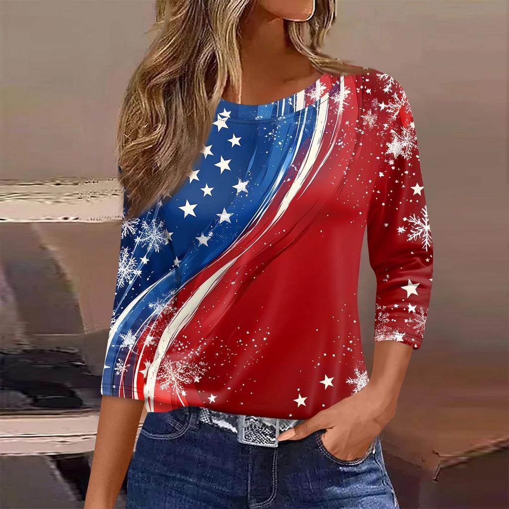 Women’s Long Sleeve Crewneck Top with Printed Star and Stripe Pattern Casual Loose Fit Pullover Shirt for Everyday Wear