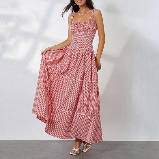 Женское платье макси без рукавов в клетку в клетку с круглым вырезом, длинное платье со сборками, сарафан А-силуэта с рюшами и бретелями, струящийся
