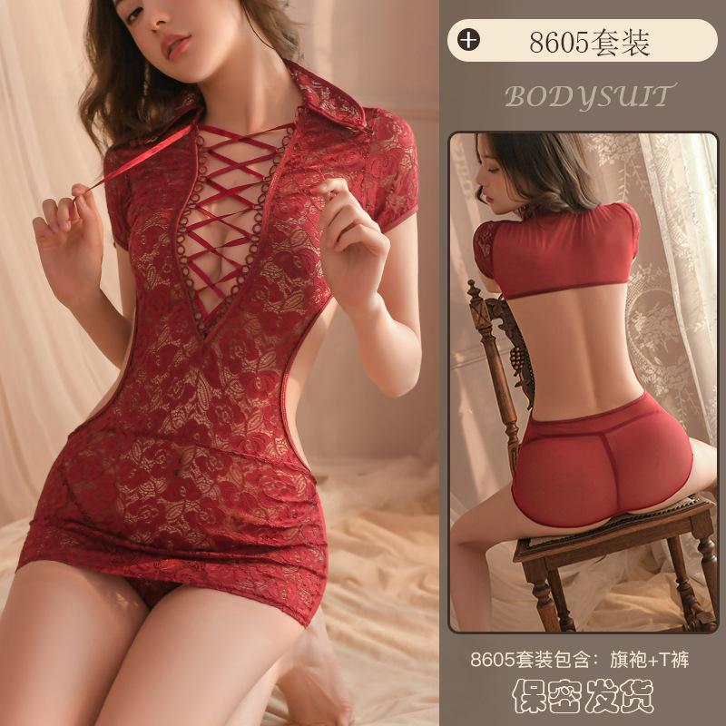Erotic Underwear - Sexy Lace Seductive See-through Cheongsam Uniform, Hot Hollowed-out Tie pajamas Wholesale 8605