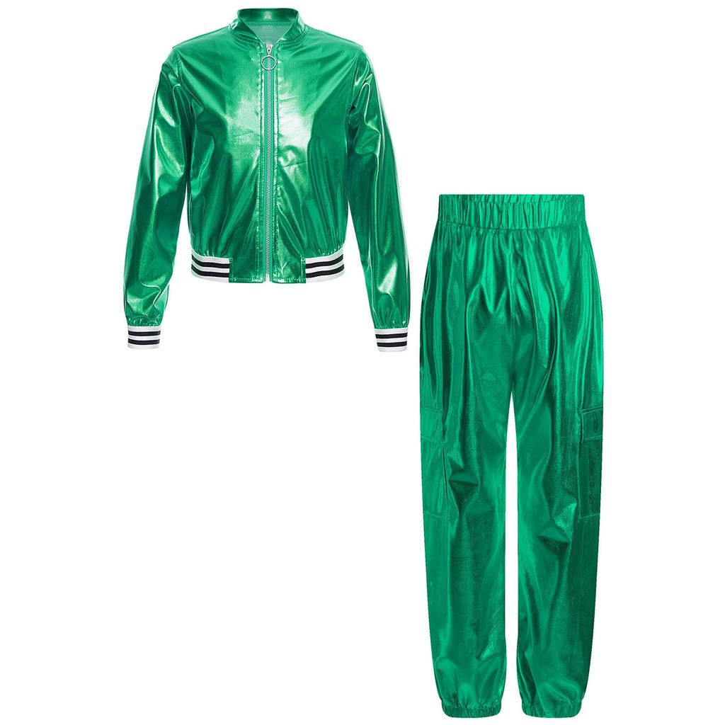 Девочки Металлический Танцевальный Костюм Куртка с Длинным Рукавом Стойка Воротник Детали на Молнии Хип-Хоп Джаз Выступление Брюки