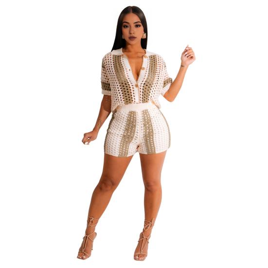 2 Pcs/Set Women Top Shorts Suit Hollow Out Lapel Single-breasted Color Matching Knitted Short Sleeve Top High Elastic Waist Slim Fit Shorts