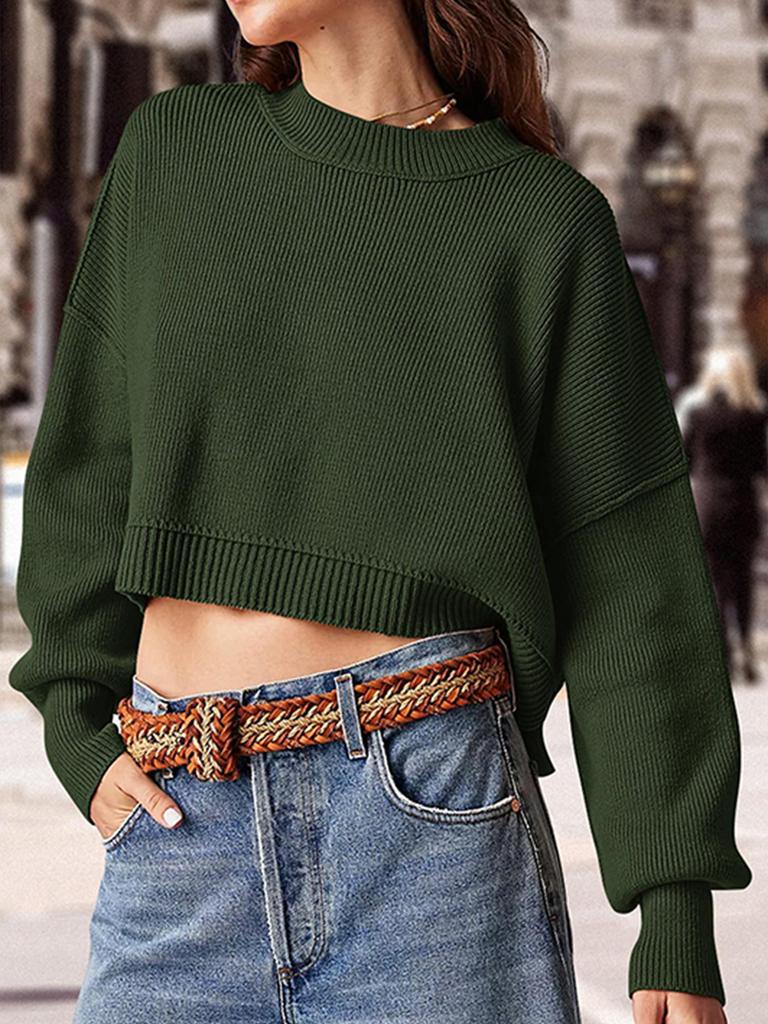 Fashion Solid Color Loose Pullover Round Neck Long Sleeve Knitted Sweater Women