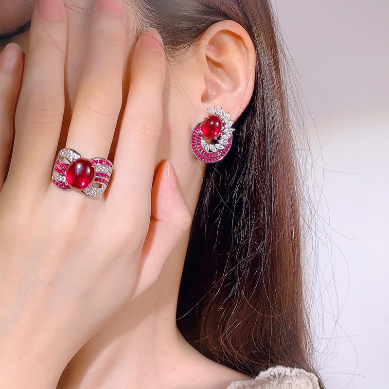 Комплект ювелирных изделий из чистого серебра 925 пробы, игла, имитация красного корунда, двухкомпонентное кольцо для женщин