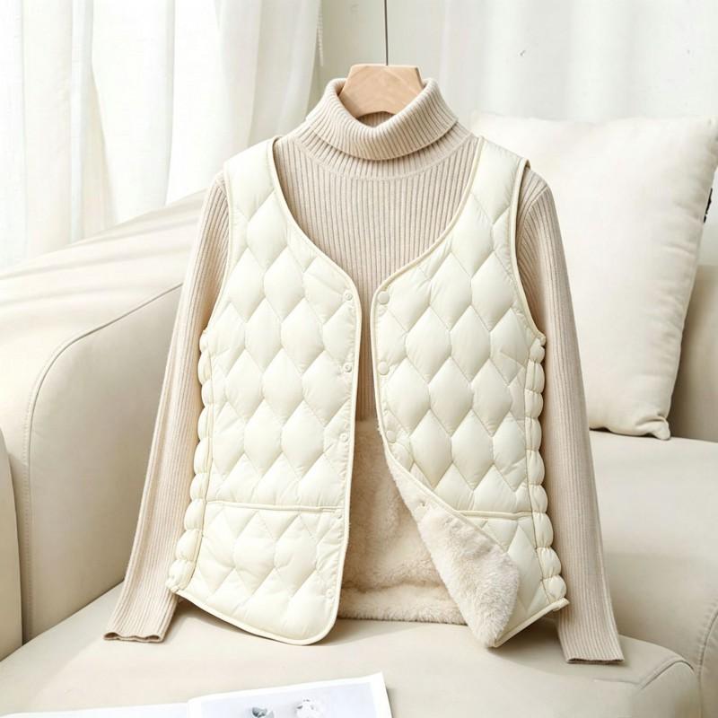 Womens V-Neck Short Puffer Vest Warm Fleece-Lined Sleeveless Waistcoat Winter 2026