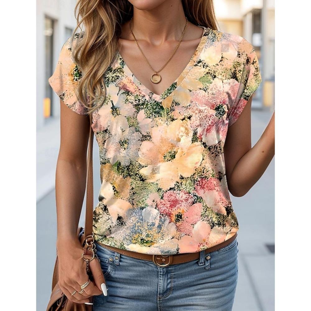 Summer Women Short Sleeve V-Neck Oversized T Shirt For Women Fashion Ladies T-Shirt 3d Flower Print Top Casual Clothes